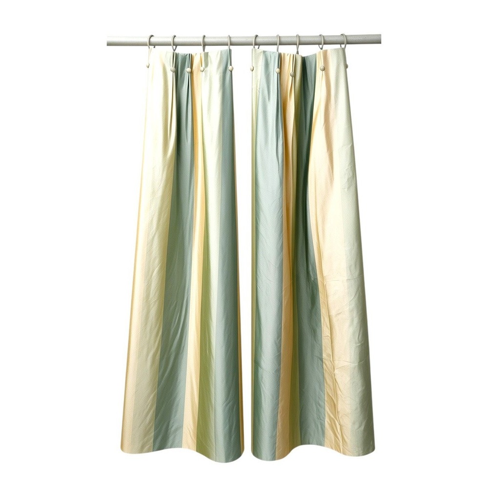 Striped Curtain Panels 24x104 Green Gold Silk Look Pleated Button S697